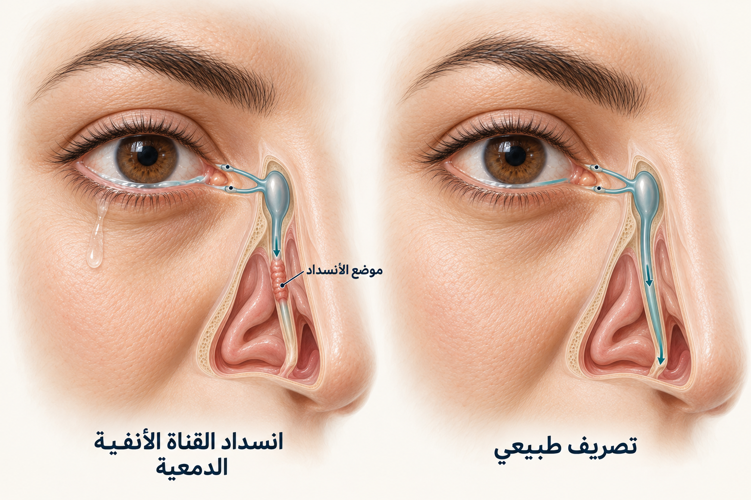 مقارنة بين مرور الدموع إلى الأنف ووجود انسداد في القناة الأنفية الدمعية يعيق التصريف.