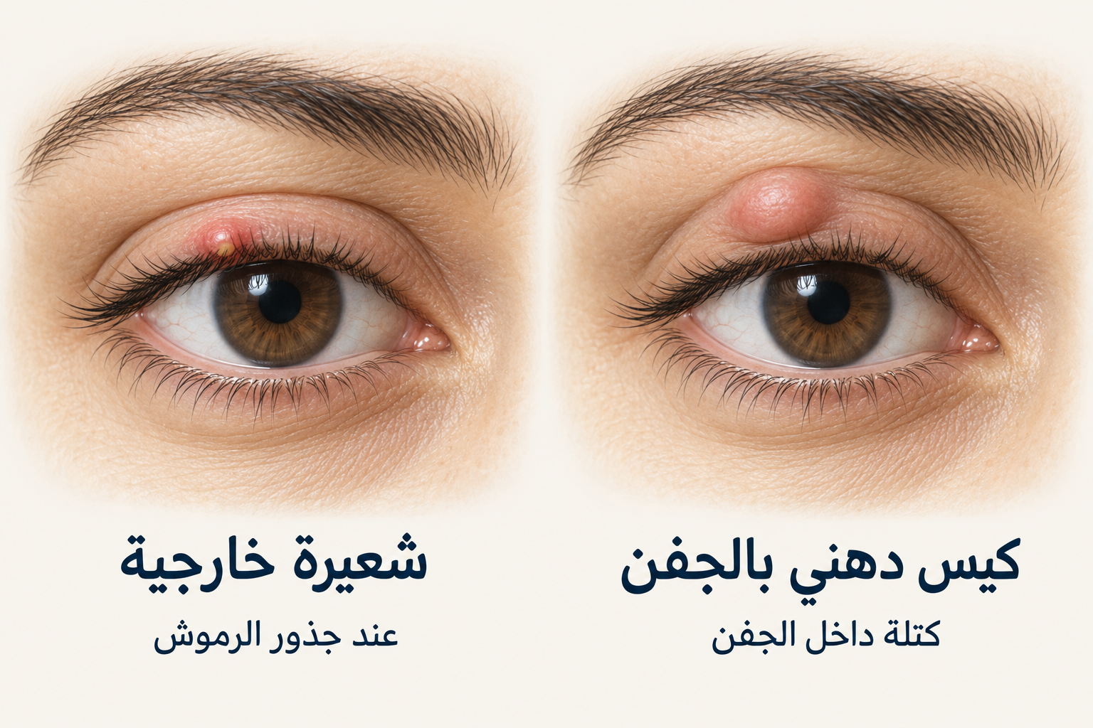 رسم يقارن كتلة كيس دهني داخل الجفن بشعيرة خارجية ملتهبة قرب جذور الرموش.