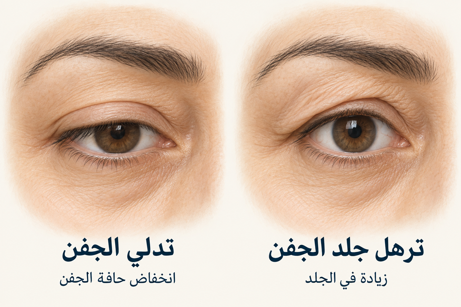 مقارنة توضيحية بين زيادة جلد الجفن العلوي وتدلي حافته التي تحمل الرموش.