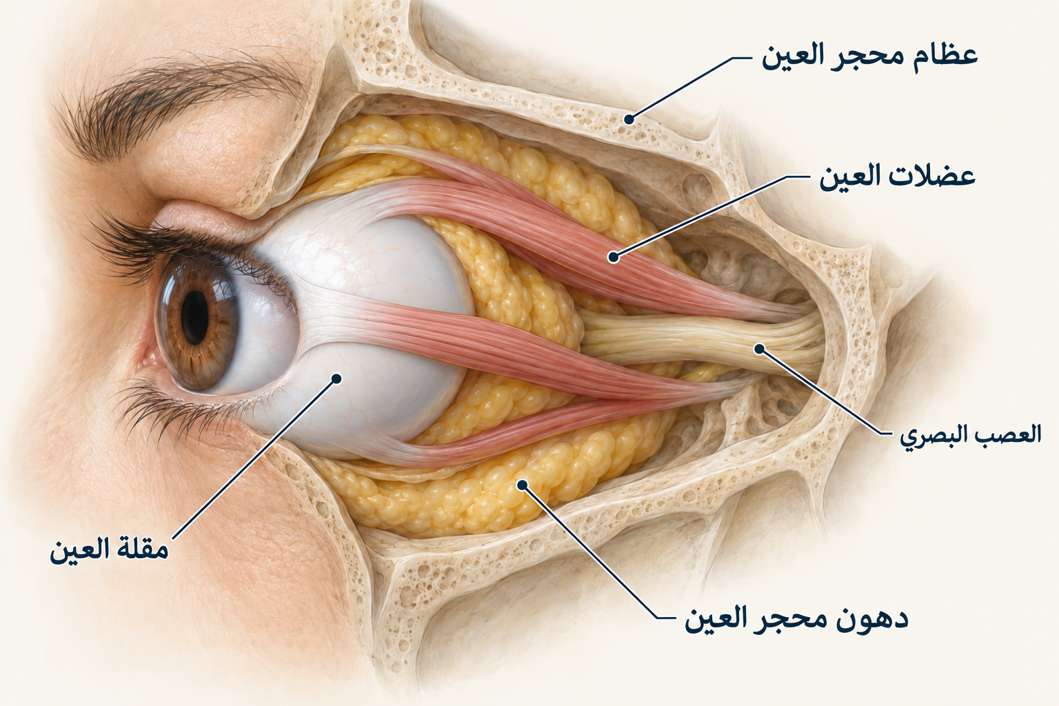 مقلة العين داخل التجويف العظمي لمحجر العين، محاطة بالعضلات والدهون، مع العصب البصري خلفها.